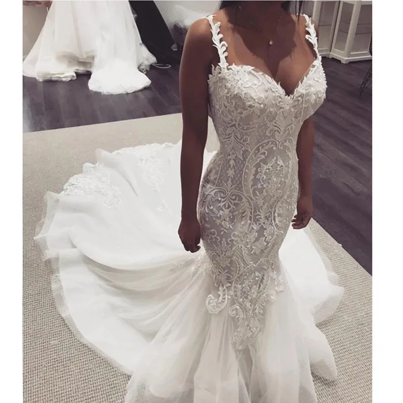 

Elegant Lace Mermaid Wedding Dresses Sexy Spaghetti Straps Sleeveless Lace Sweet Heart Classic Wedding Gowns Trumpet Bridal Gown