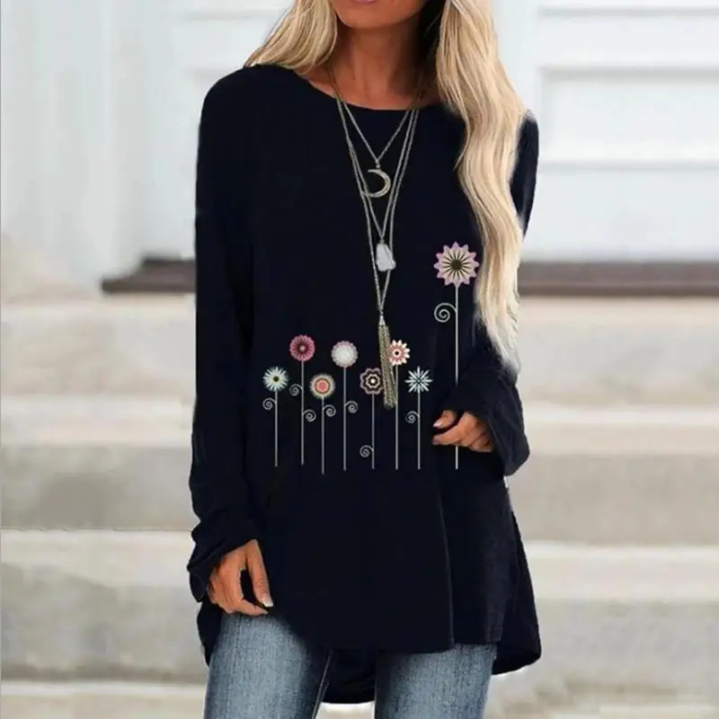 Novedad de otoo! Holgadas camisetas con estampado с цветочным рисунком informales manga larga para mujer talla grande