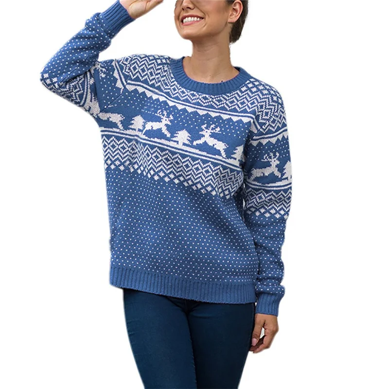 Забавный женский Рождественский свитер, Женский Рождественский свитер с длинным рукавом и круглым вырезом, вязаный пуловер, топы, осенняя зимняя одежда для женщин - Цвет: Blue