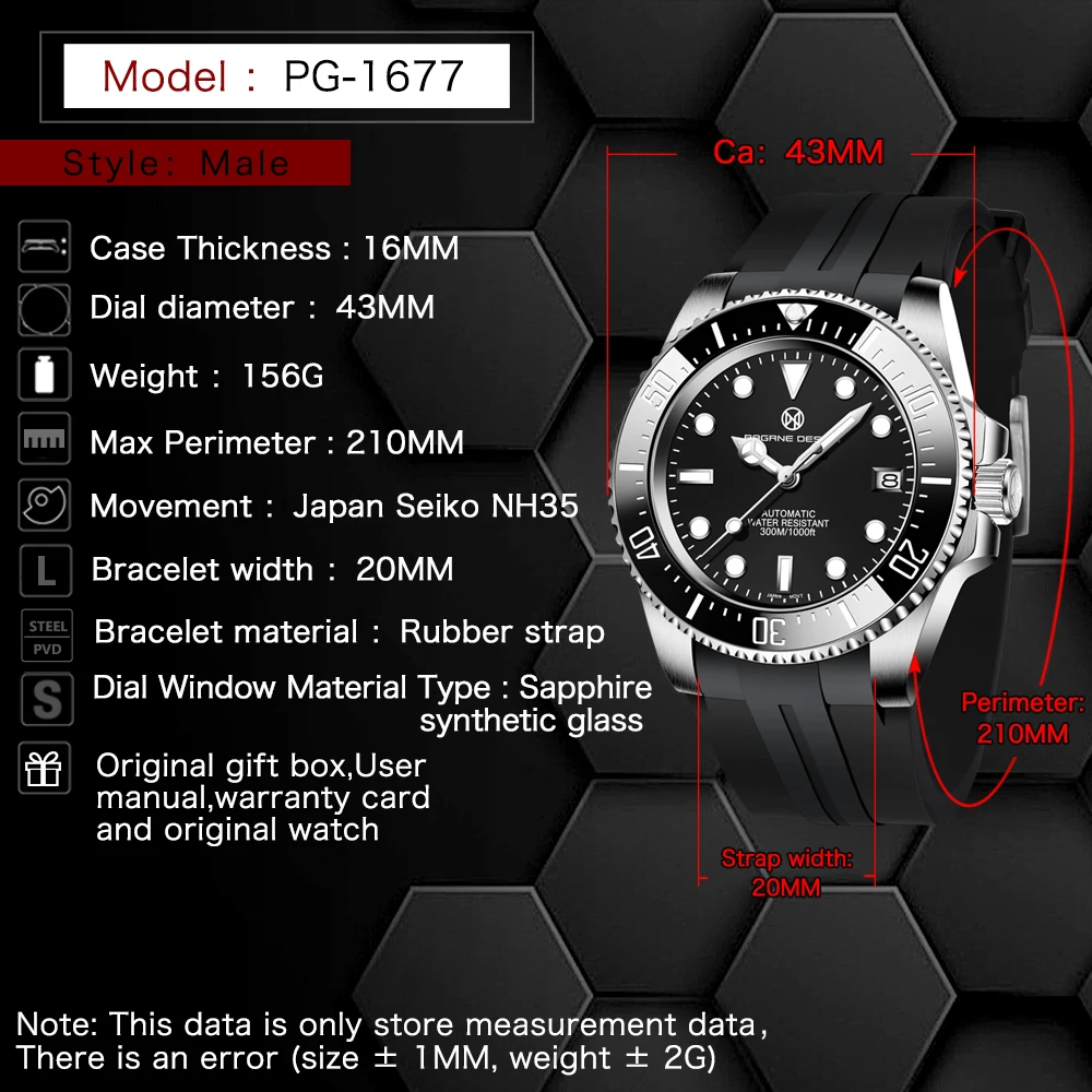 PAGRNE DESIGN New Sport Automatic Watches 300m Waterproof Diving Professional Watch for Men Sapphire Glass Mechanical Wriswatch