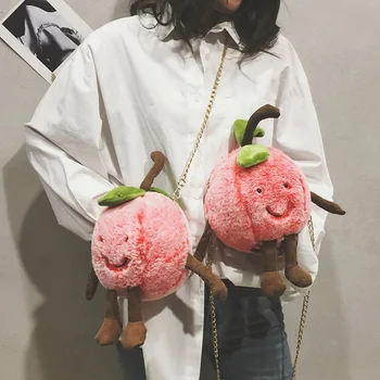 

B 2020 Women New Style Fashion Design Sweet Cute Concise Peach Shape Chain Girls Casual Bag Plush Cross body Shoulder Pink Bag