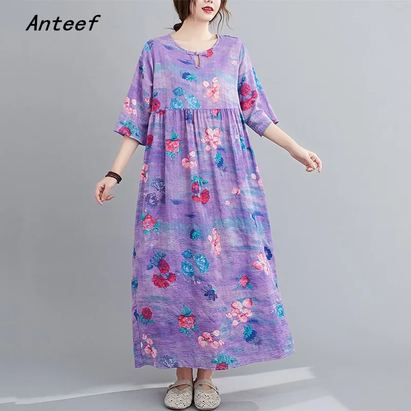 

short sleeve cotton vintage floral dresses for women casual loose long woman summer dress elegant clothes 2022