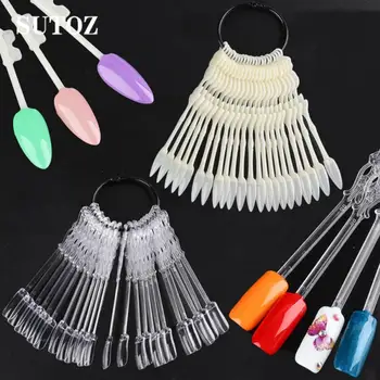 

24Pcs Transparent Natural False Fake Nails Tips Fan Shape Board Display Round Practice Polish UV Gel Art Decoration Showing Tool