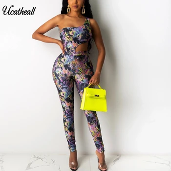 

Sexy One Shoulder Two Piece Set Summer Clothes Women Crop Top Bodysuit And Pant Suit 2 Piece Club Outfits Cut Out Matching Sets