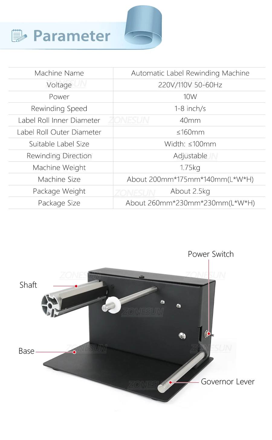 ZONESUN Small Electric Automatic Label Rewinding Machine