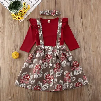 

Emmababy 2pcs Toddler Infant Baby Girls Long Sleeve Outfits tops+Floral Printed Braces dress Kid Clothes Set Autumn Spring