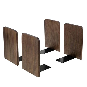 

A+4 Pcs Bookends, Book Ends for Shelves, Metal Base Non-Skid Wood Bookends for Heavy Books Office Desk DVD, azine