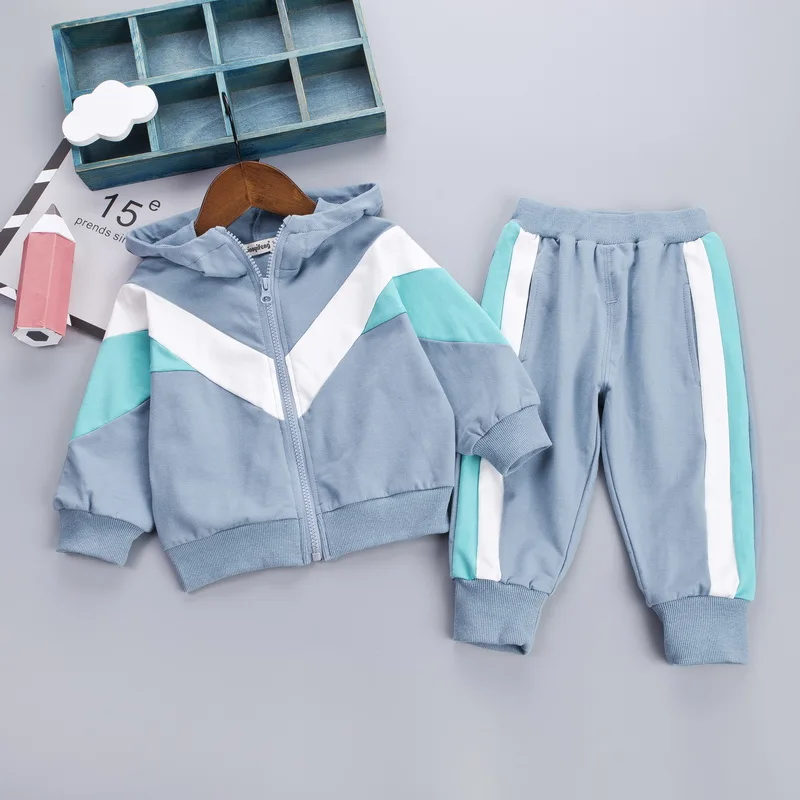 Hooded Tracksuit Baby Boy Clothing Set For Toddler Girls Clothes Patchwork Sport Suit Kid Zipper Jacket+ Sweatpants - Цвет: blue