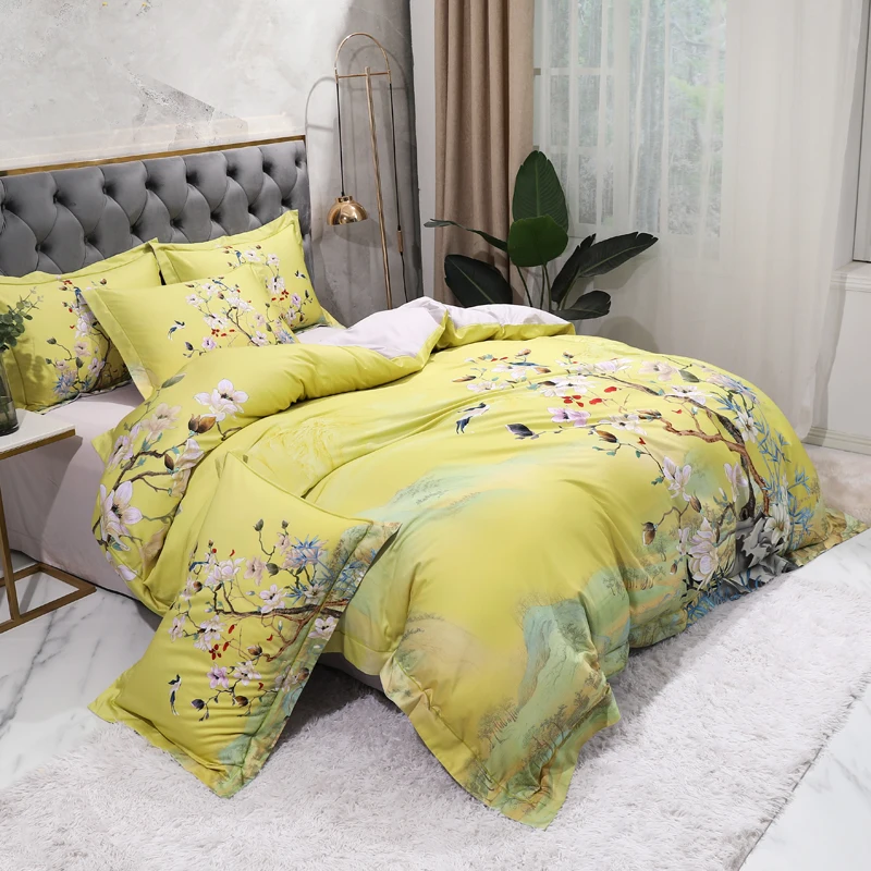 100% Egyptian Cotton US size Bedding Queen King size 4Pcs Birds and Flowers Leaf Gray Shabby Duvet Cover Bed sheet Pillow shams