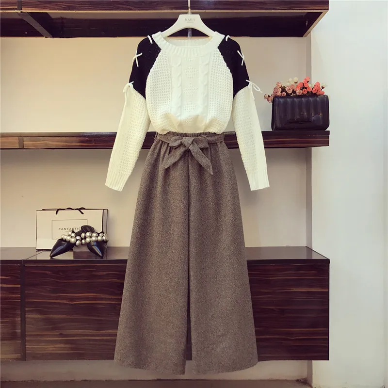 

2019 Fall Winter New O-neck Lacing up Patchwork Color Knit Sweater With High waist Sashes Bow Plaid Wide leg Pants Two-piece Set