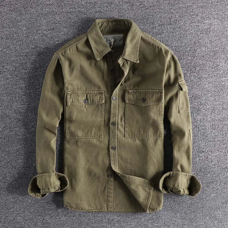 Армейский зеленый New American overalls, large pockets, thick cotton men's Long Sleeve Shirt blouse plus size high quality outerwear on sale - Цвет: Армейский зеленый
