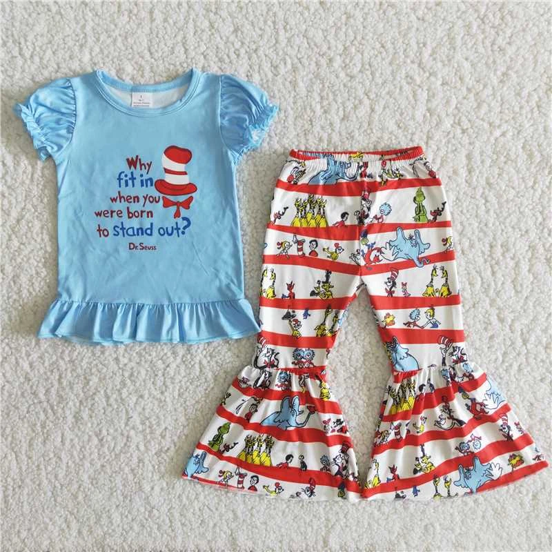 Wholesale fashionable Baby Girls Cat Clothes Blue Shirt Bell-bottomed Pants Boutique Infant Outfit Children Toddler Kid Clothing children's clothing sets high quality