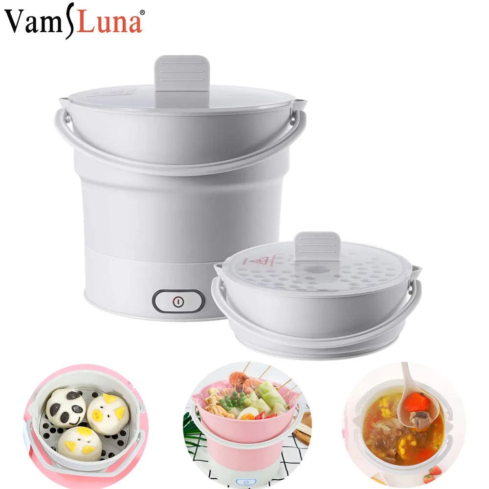 Portable Foldable Electric Steaming Stewing Hot Pot Cooker Muti-functional Silica Gel Sauce Pot Electric Kettle & Steamer Travel