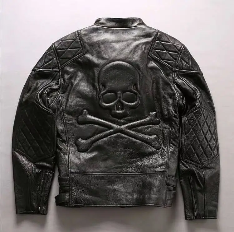 Buy Big  skull Read Description! Asian size men's genuine cow skin motor biker leather jacket mans skull cowhide leather jacket