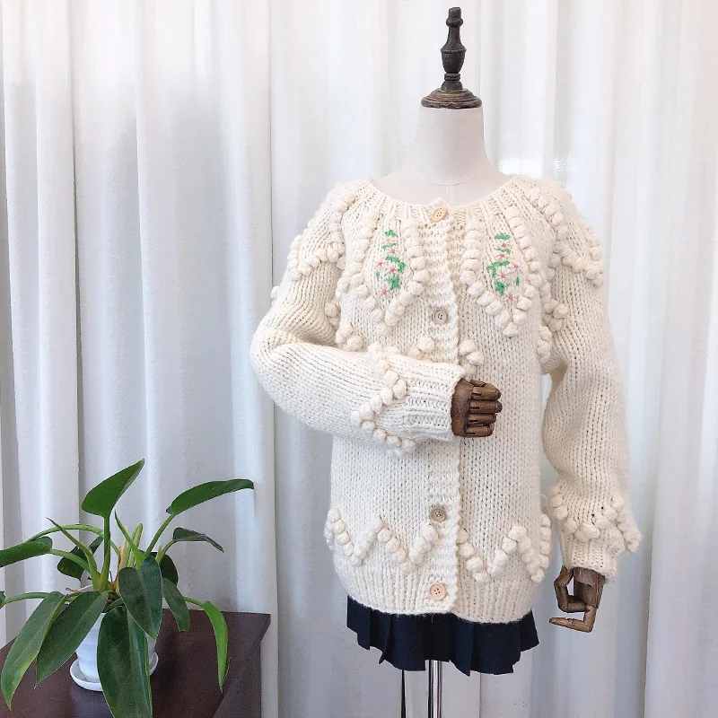 

Retro Sweater 2019 Autumn And Winter New Style Entirely Handmade Holding Needle Ball Embroidery Flower Fairy Sweater Coat Women'