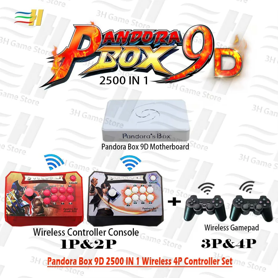 Pandora Box 9D Wireless 4 Players Set 2500 in 1 have 3D game Wireless arcade stick controller and g