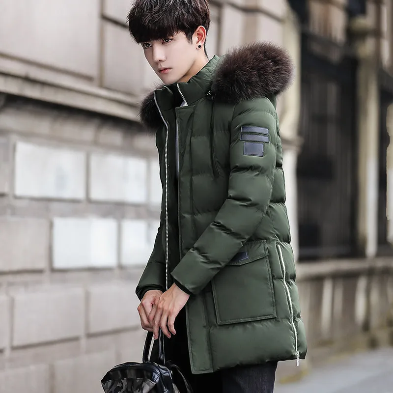 Winter Plus Velvet Thick Warm Hoodie Men's Mid-length Trench Coat Teenager-Style Coat Cotton-padded