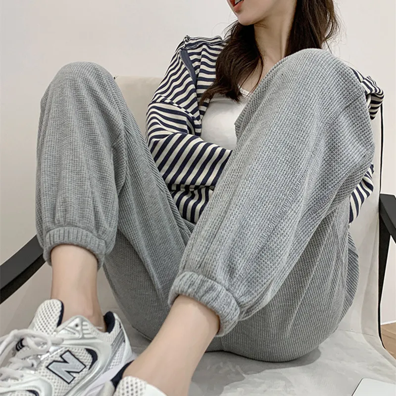

Waffle Jogging XL Gray Sweatpants Loose Tethered Straight Casual Pants Women's Autumn Beam Foot Guard Pants Fast Delivery