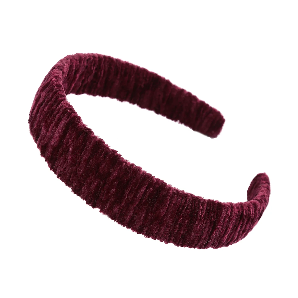 Ободки из синели с жемчугом и рюшами, мягкие бархатные стильные повязки для волос ручной работы 3 см, зимние повязки на голову - Цвет: Бордовый