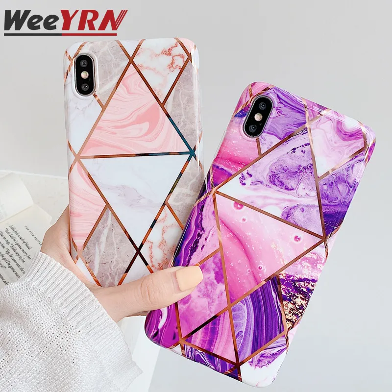 

Geometric Marble Phone Case For iPhone 7 8 6 6s plus Electroplated Soft TPU Tempered Glass Case For iPhone XR XS Max Back Cover
