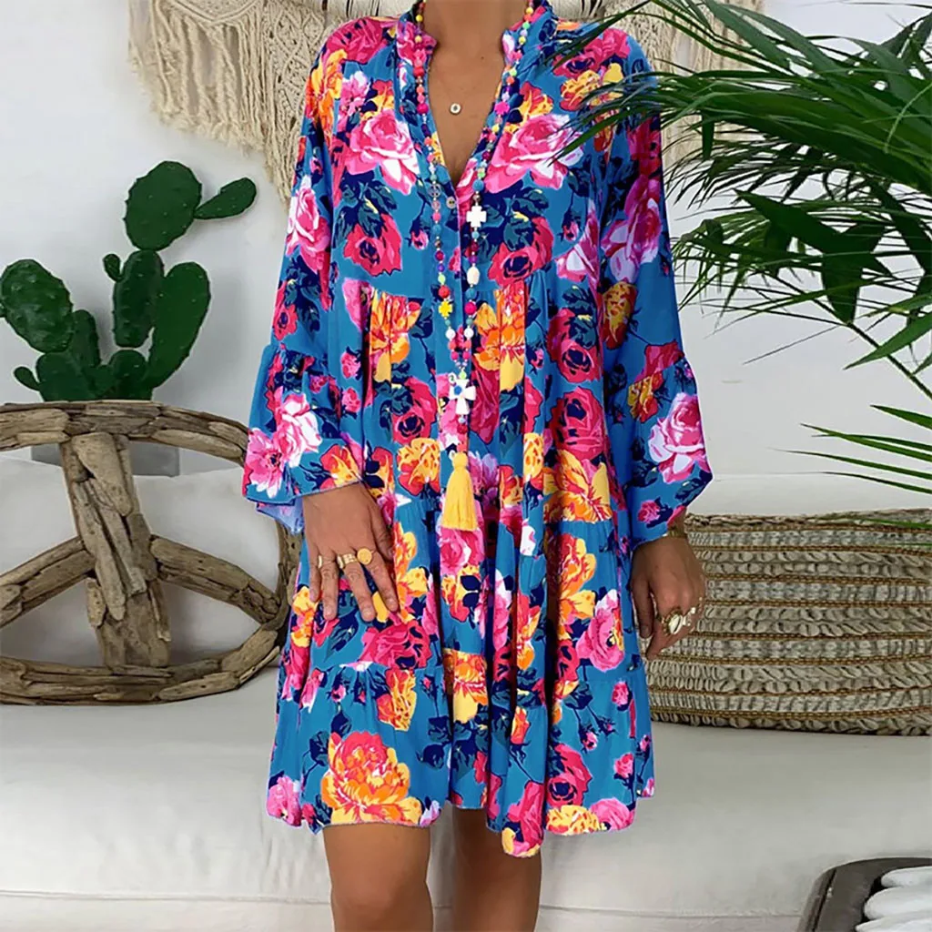 

Womens Mini Dress Long Sleeve Casual Loose Boho Kaftan Tunic Gypsy Ethnic Print Summer Dress Women Sundress vestidos#J30