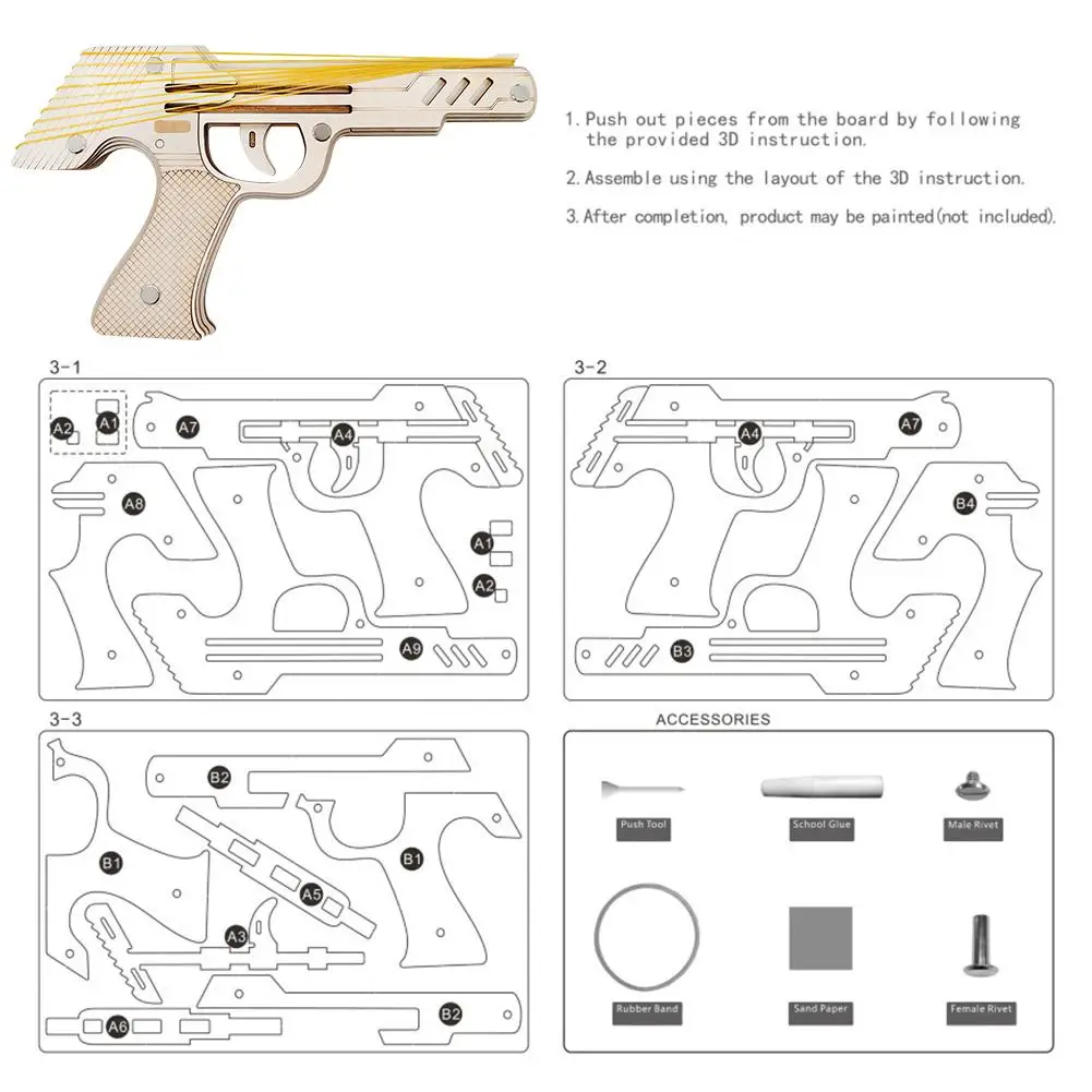 Assembly Education Toy 3D Wooden Model Puzzles Jiu Lianfa Rubber Band Gun Toys 