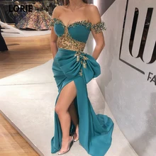LORIE – robe de soirée bleue en dentelle, à effet d'illusion de perles, épaules dénudées, robe de bal à fente haute, robe de réception de deuxième fête 