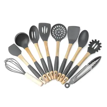 

10 PCS/Set Silicone Elm Handle Kitchenware Non-stick Cookware Set Silicone Handle Kitchenware Utensils with Wooden Handle