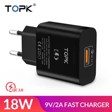 TOPK 18 Вт Быстрая зарядка 3,0 быстрое USB зарядное устройство для iPhone, Samsung, Xiaomi, huawei, дорожное настенное зарядное устройство для мобильного телефона с европейской вилкой