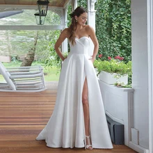 

Modest Taffeta Side Slit Wedding Dress With Long Train Strapless With Pocket Floor Length Party Gown Plus Size Vestido De Novia