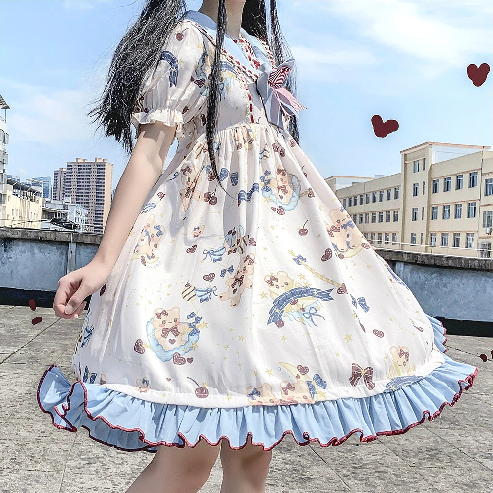 

Short Sleeve Sweet Girl Navy Collar College Lolita Daily Anime Dress Loli Dresses Moon Island Bear Cupid's Arrow Printing Op