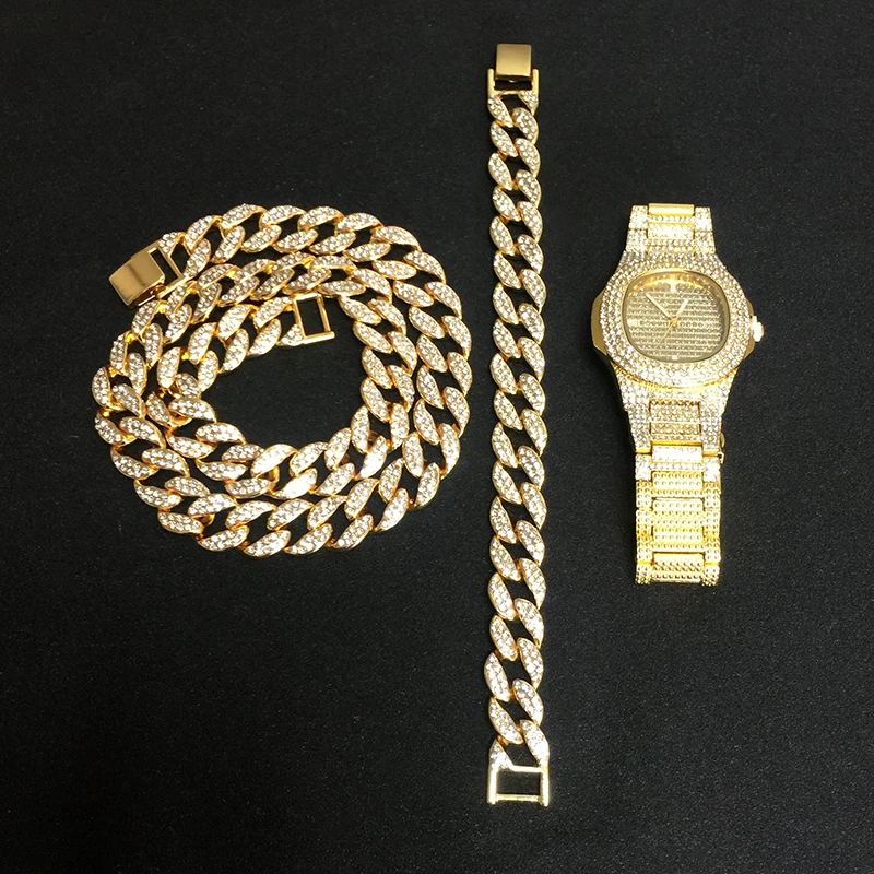 Золотое ожерелье+ часы+ браслет в стиле хип-хоп, кубинская цепочка в стиле «Майями», вымощенные стразы, CZ Bling Rapper для Мужчин, Ювелирные изделия