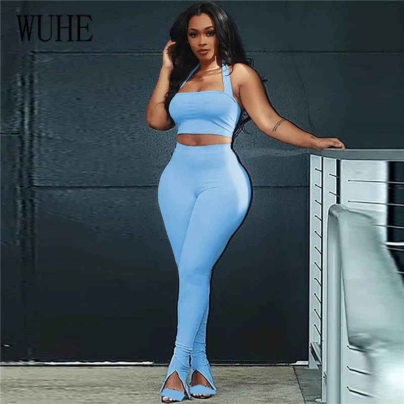 

WUHE Strapless Crop Top Flare Split Two Piece Set Soild Color Women Summer Hollow Out Club Party Outfit Backless Matching Sets