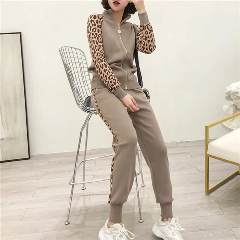 

Women Tracksuits New 2019 Autumn Knitted Two Piece Sets Slim Zipper Cardigans Jacket + Long Pants Suits Woman Leopard Sportsuits