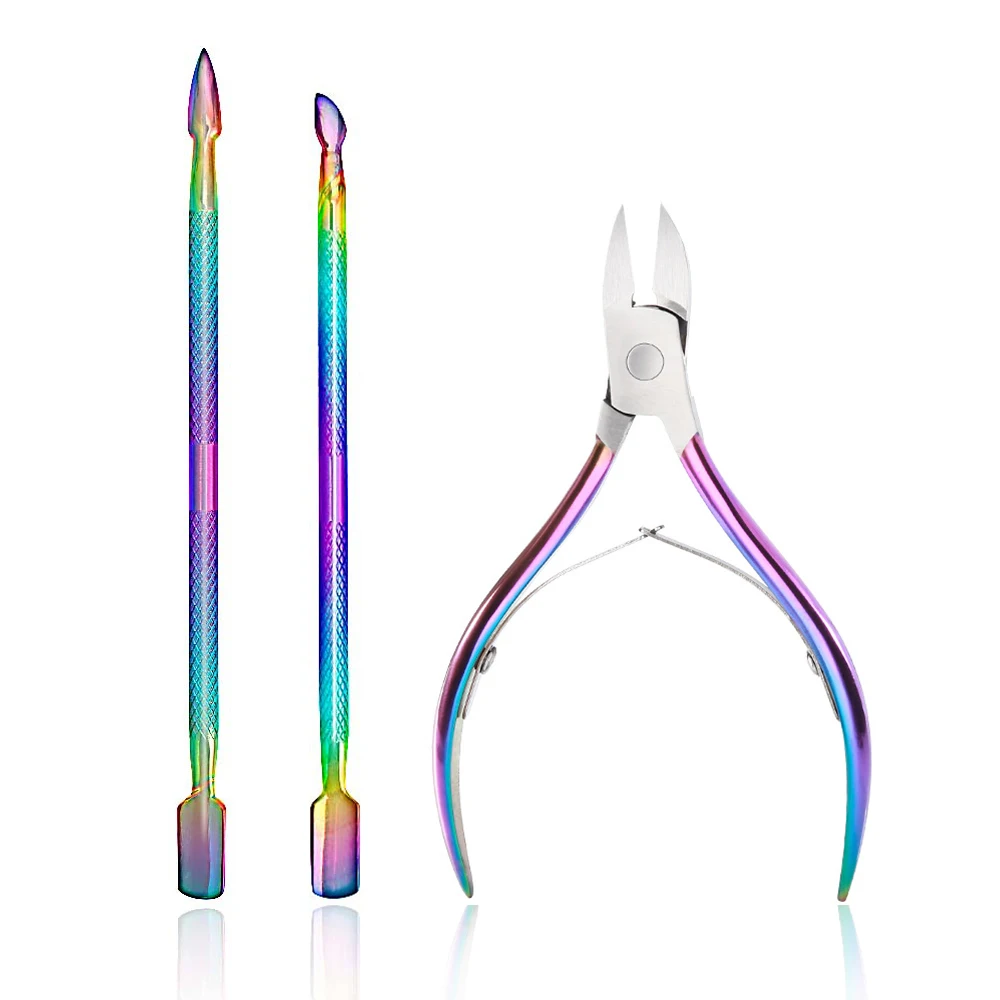 

3Pcs/Set Colorful Nail Cuticle Spoon Pusher Dead Skin Scissors Dead Skin Pusher Holographic Titanium Nail Art Manicure Tools