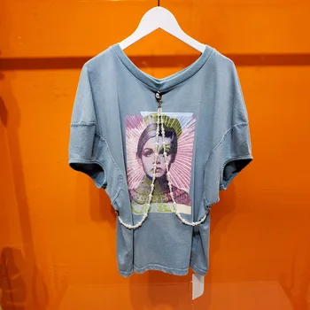 

Pearl Necklace Women T Shirt Street Wind Blue Stitching Loose Fashion Short Sleeve T-shirt Summer