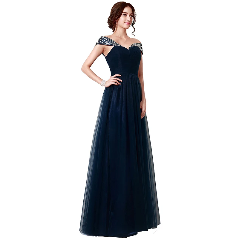 Модные тюлевые вечерние платья темно-синего цвета с бисером vestido de festa longo элегантные трапециевидные длиной до пола Дешевое платье для выпускного SD204