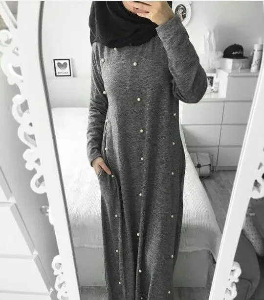 Женское мусульманский с длинным рукавом платье Ислам Абая, головной платок Коктейльная кафтан халаты женское платье Дубай жемчуг Повседневная Jilbab Рамадан Турецкая одежда