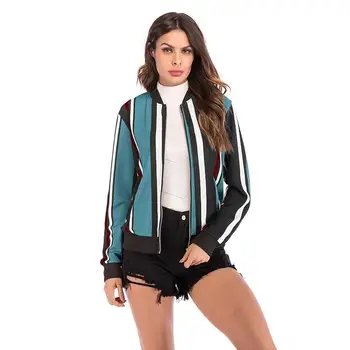 

2019 Autumn Striped Bomber Jacket Women Long Sleeve Baseball Coats Streetwear Casual Zip Basic Jackets