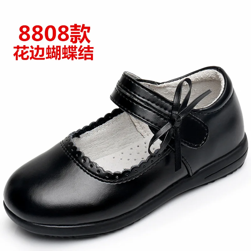 Осенняя модная школьная черная обувь из натуральной кожи с бантом для девочек 3-12 лет, платье для маленьких девочек вечерние детские туфли принцессы - Цвет: 8808 black