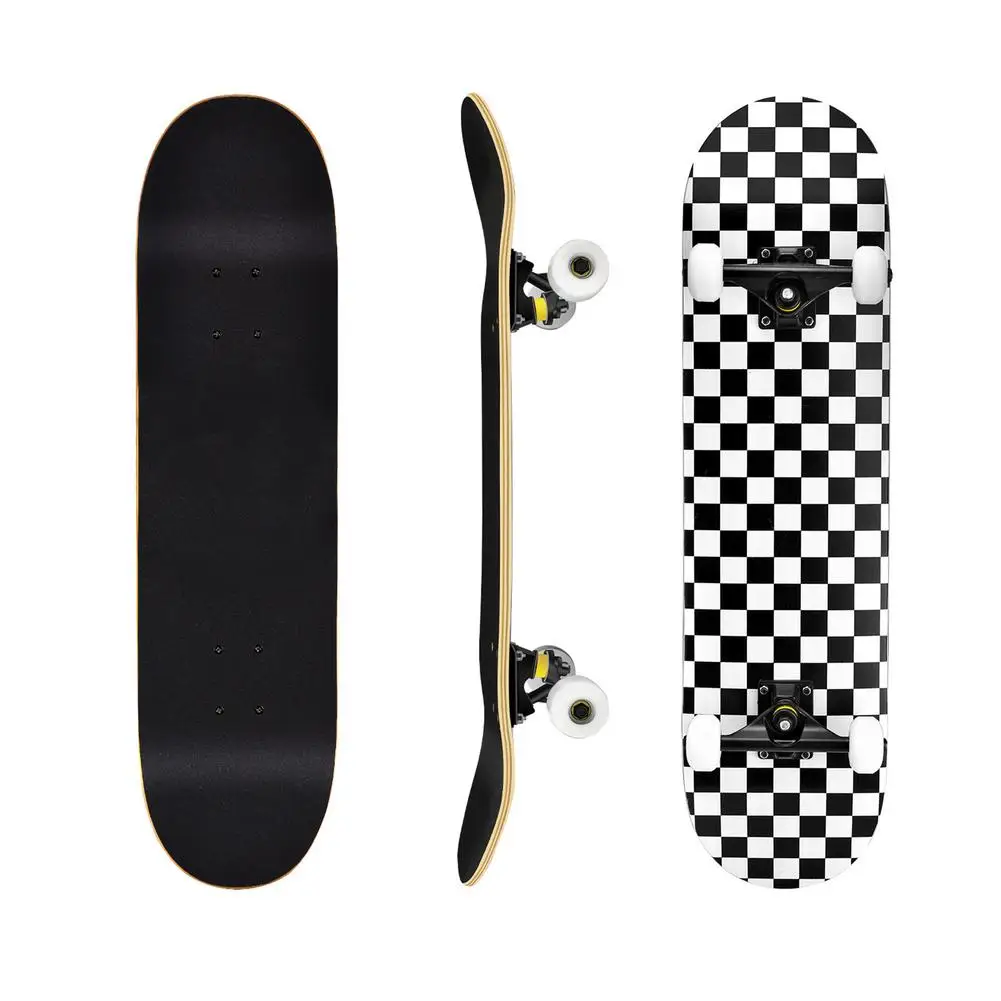 Outdoor Skateboard 7-layer Maple Rocker Board 4 Wheels Teenager Adult Figure Skating Street Double Up Board Black White Grid