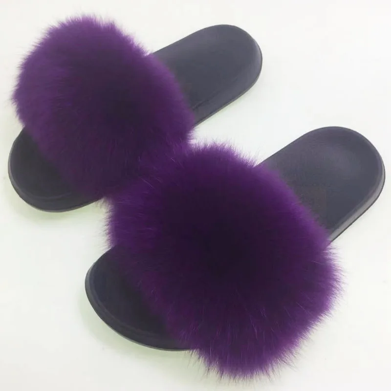 

Unisex fox fur slippers women winter warm home shoes indoor furry slides natural fluffy fox hair house sandals fur flip flops