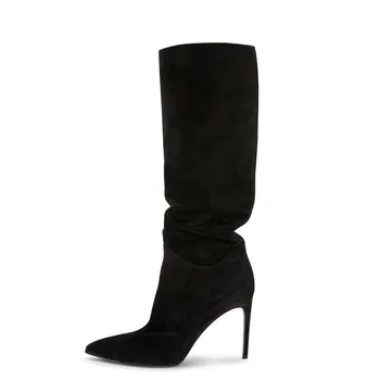 

YECHNE Fashion Herf Winter Women Knees High Lairs Straight Cylinder Woman Shoes Sexy Mid Kuit Punch Shoes Straight Boots