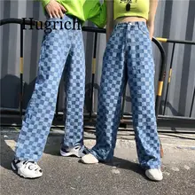 Harajuku Unisex Pants Plaid Pattern Loose Long Women Men Pant Outwear Fashion Blue Jeans Cargo Pants Streetwear Hipster Autumn