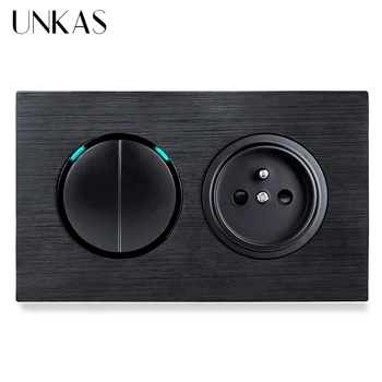 

UNKAS 2 Gang 1 Way / 2 Way + French Standard Wall Power Socket On / Off Light Switch LED Indicator Black Aluminum Panel 16A