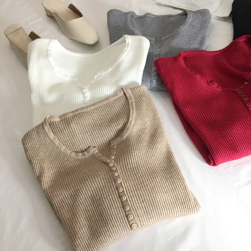 

Slim Knitted Women Sweater And Pullovers Long-Sleeved Button All Match Solid Female Pulls Outwear Tops