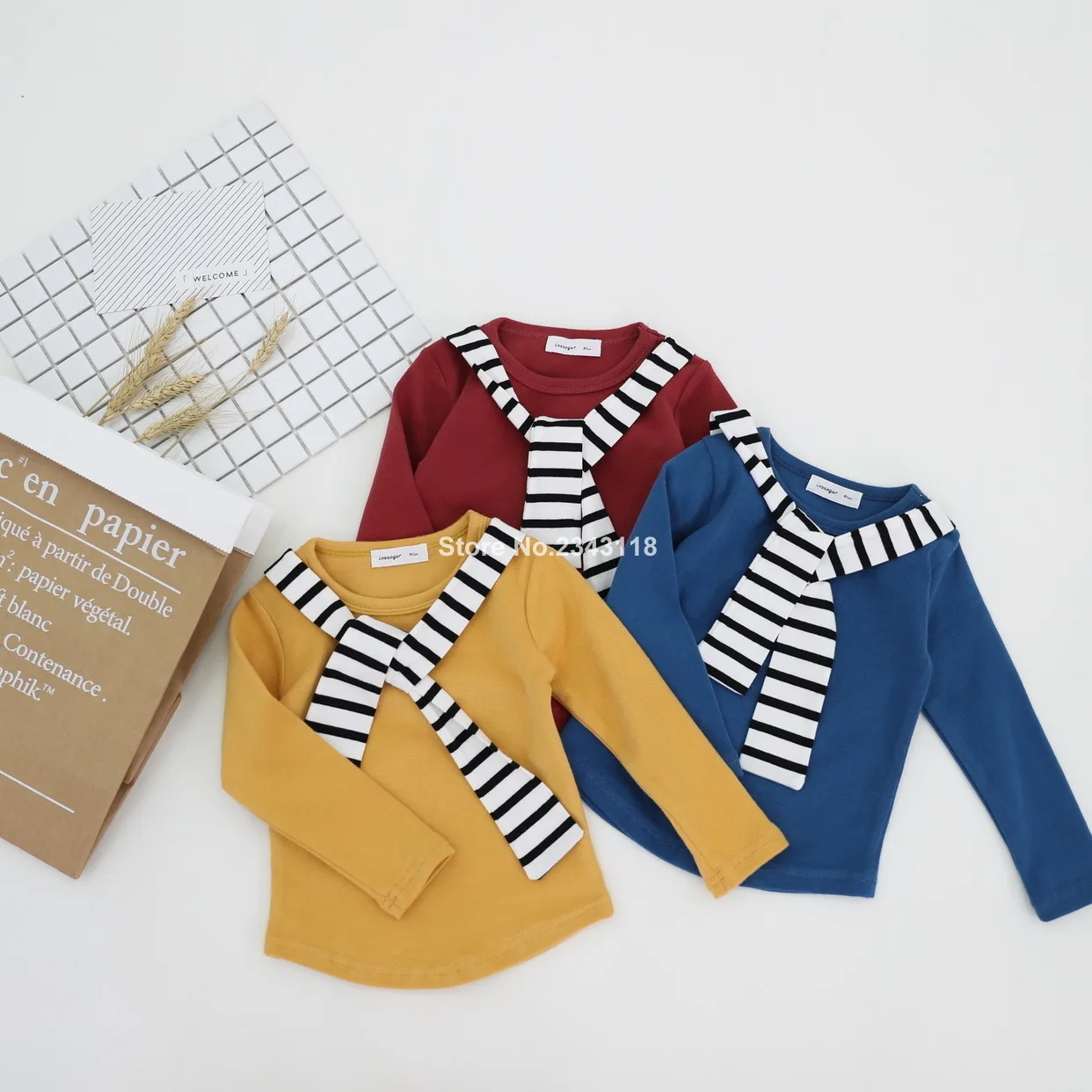 

Autumn Winter Korean Style Boys Girls Wool Lycra Striped Bow Tie T Shirts Kids Cotton Soft All-match Casual Clothes