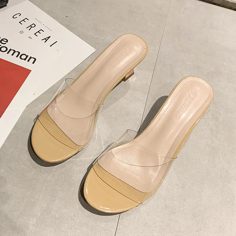 

Slippers Women's Outer Wear 2019 New Style Fairy Slipper Versatile Transparent-Style Chunky-Heel Online Celebrity INS Fashion Au