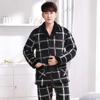 

Winter Plaid Pajamas Men Thick Quilted Pajama Sets Casual Home Clothes Coral Fleece Sleepwear Suits Men's Clothing Pijama Hombre