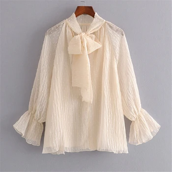 

Casual Flare Sleeve Chiffon Women Blouse Summer Neck Tie Blouses Shirt Elegant Work Wear Loose Female Solid Tops